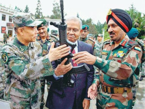 Head of the Indian Observer Delegation, Lt. Gen. Surinder Singh, his Chinese counterpart Lt. Gen. Zhou Xiaozhou and Indian Ambassador Ashok K. Kantha at the commencement of India-China joint exercise at the Kunming Military Academy in Yunnan, China.