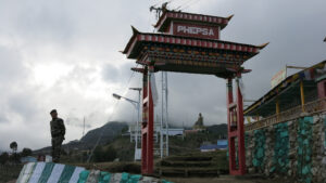 Soldier guards military installation in Tawang. This Indian town with its historic monastery is in the Indian state of Arunachal Pradesh, which has long been disputed territory and that China claims as 'South Tibet.' Photographer: Annie Gowen/The Washington Post via Getty Images